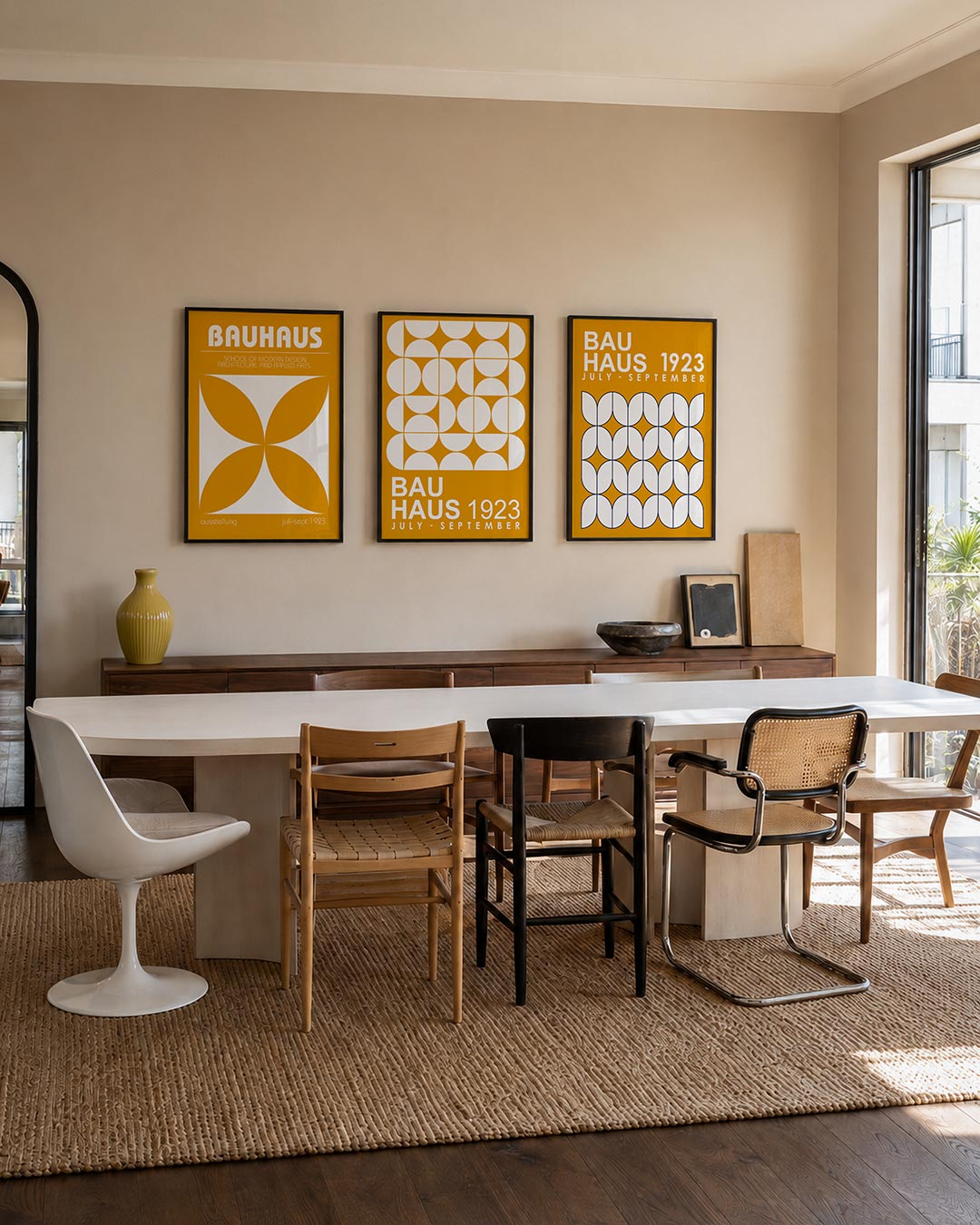 Vorm en kleur driedelige posterset – deze posterset in drie delen toont een levendig spel van oranje en wit. De symmetrische