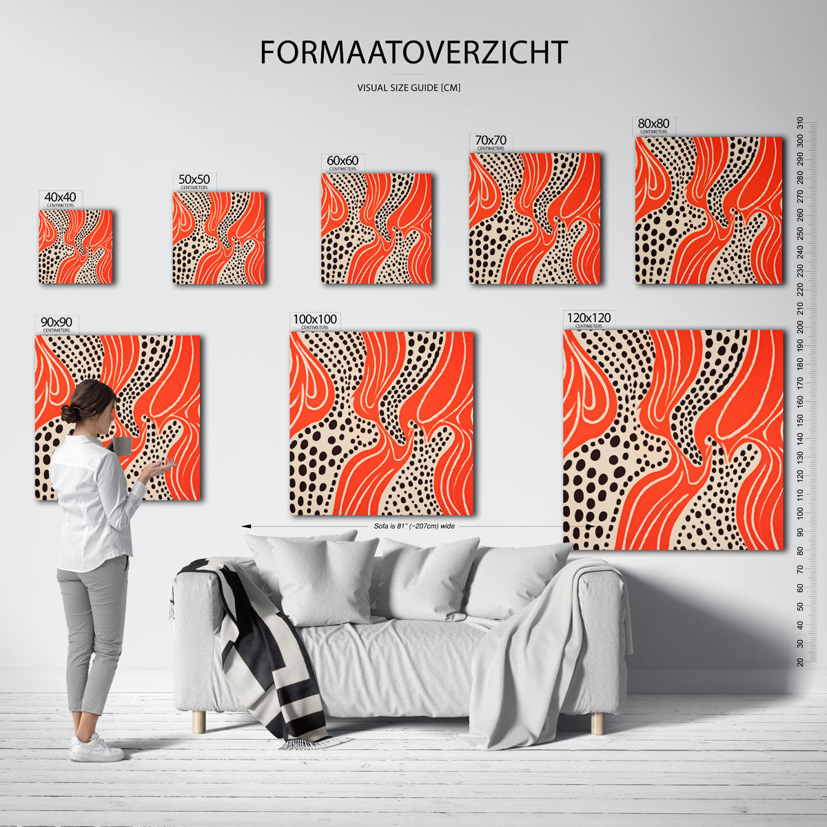 Golvende stippen – vierkante muurposter met kleurrijke illustratie