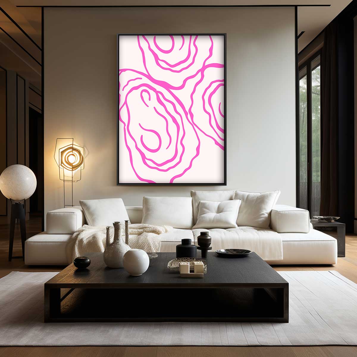 Abstracte Roze Golven – kunstwerk met zwarte baklijst