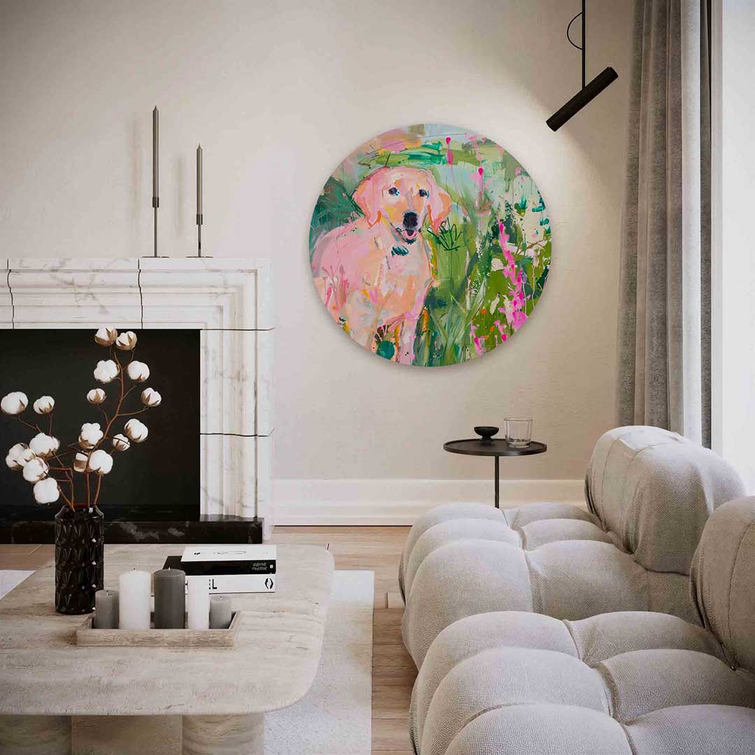 Hond in bloemen – abstracte textuur muurcirkel als wanddecoratie