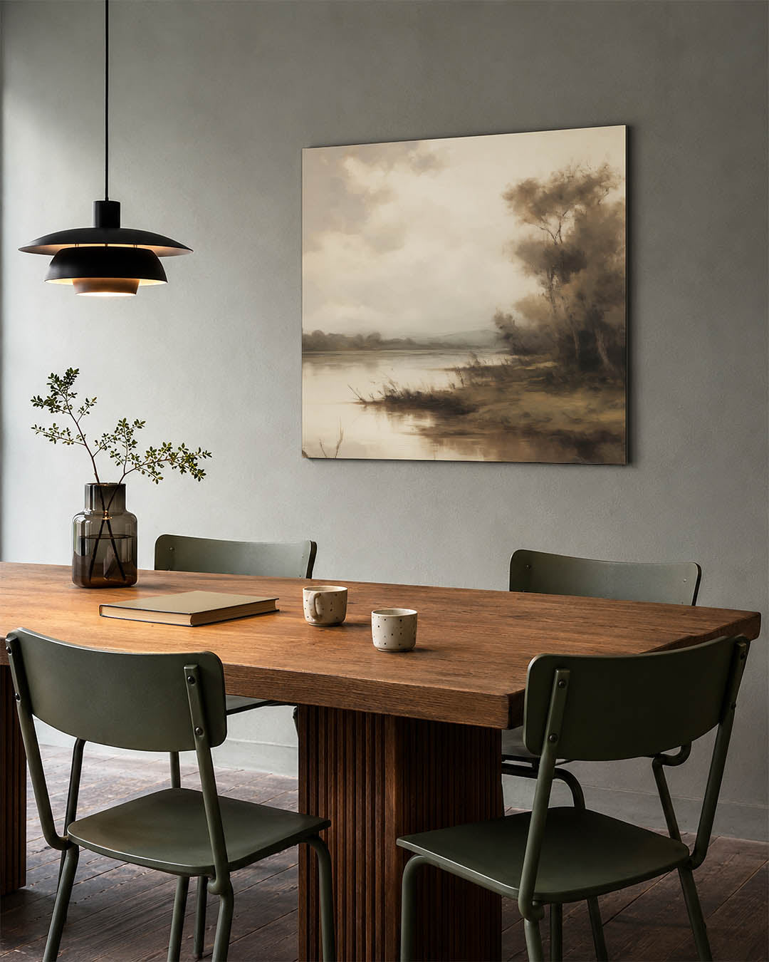 Rustig landschap kunstwerk – tweede productweergave – dit kunstwerk toont een sereen landschap met zachte kleuren en een