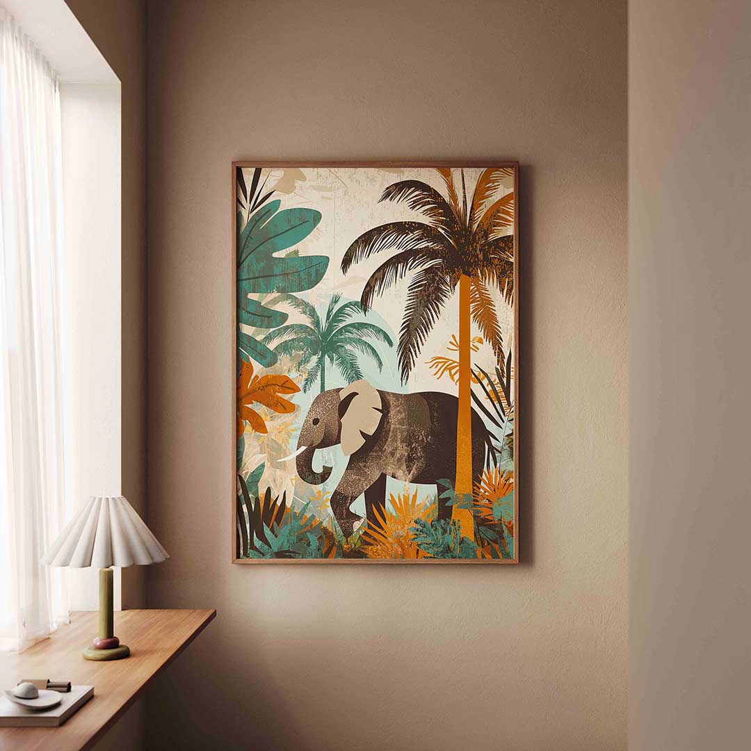 Olifant en palmbomen – staande dieren wanddecoratie van WallArtistic