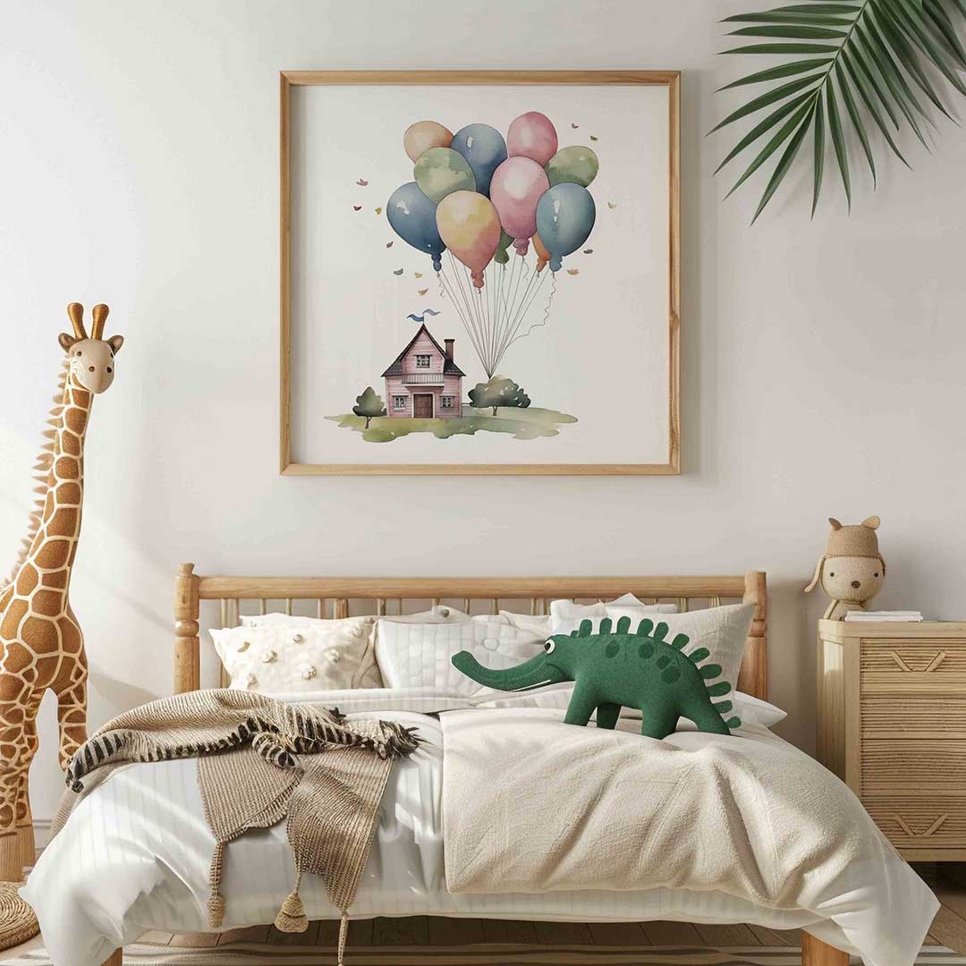 Huis met ballonnen – vierkante kinderkamer wanddecoratie van WallArtistic