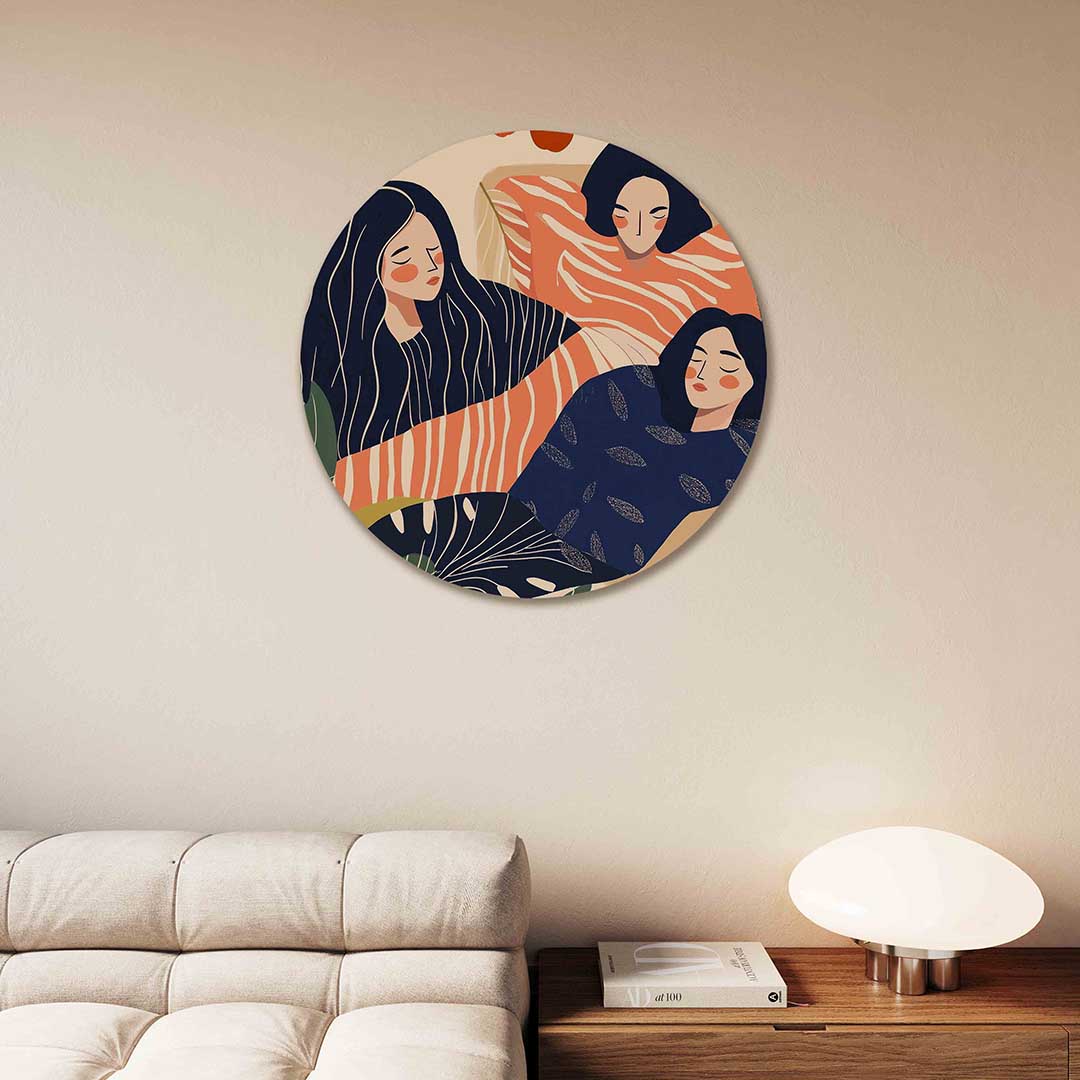 Drie figuren met bladeren – moderne abstracte muurcirkel voor aan de muur