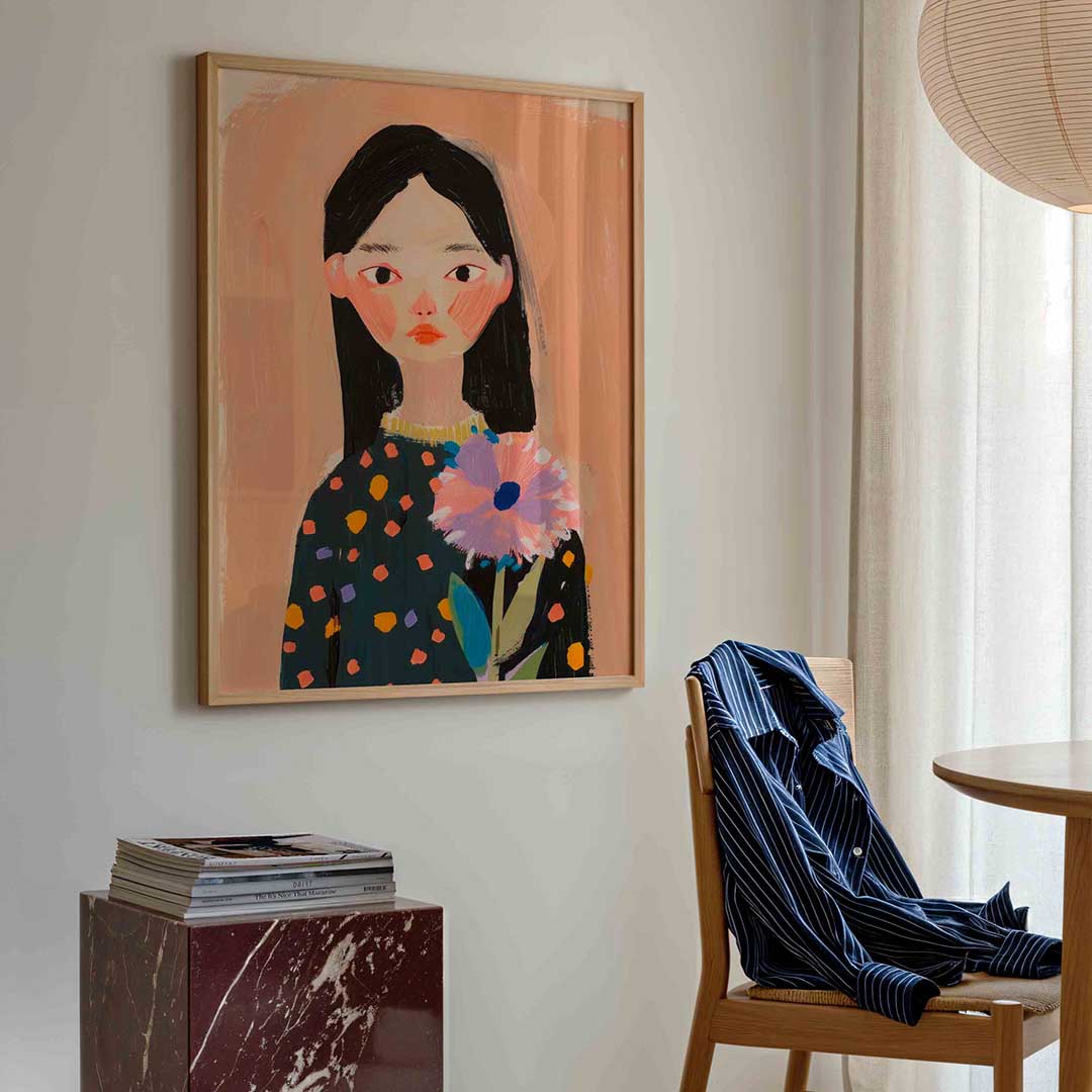 Meisje met bloem – kleurrijke illustratie poster in staand formaat