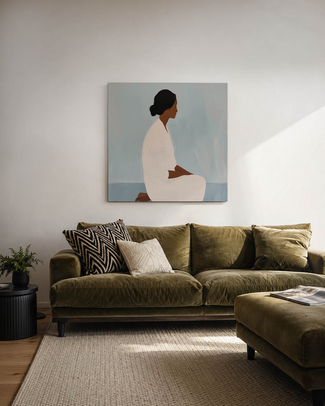 Rustige silhouet kunstwerk – derde productweergave – dit kunstwerk toont een zittende figuur in profiel, gehuld in zachte