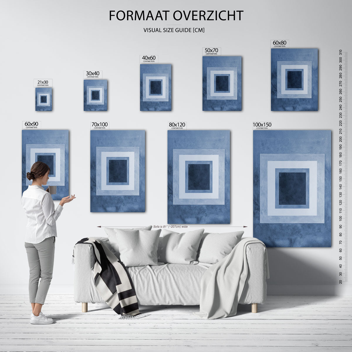 Blauwe vierkanten – staande muurposter met botanisch thema