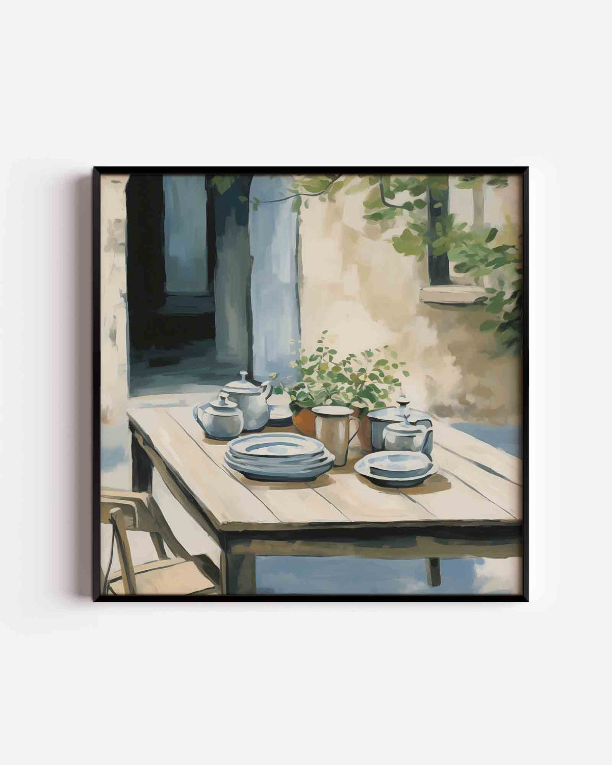 Buiten tafel met servies – keuken vierkante poster als wanddecoratie