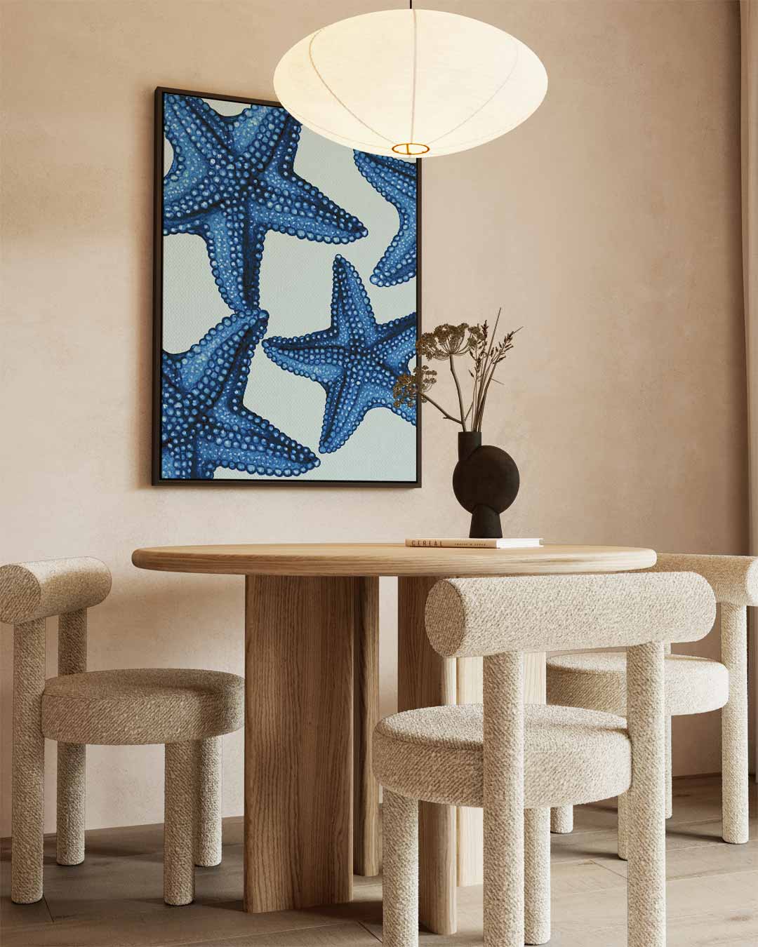 Blauwe zeesterren – dibond kunstwerk als wanddecoratie
