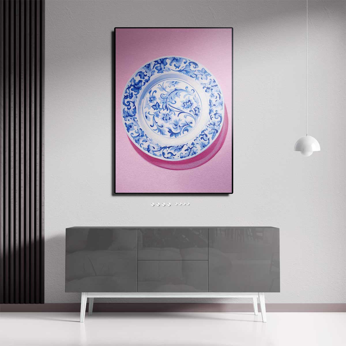 Blauwe Bloemenpracht op Roze – canvas kunstwerk als wanddecoratie