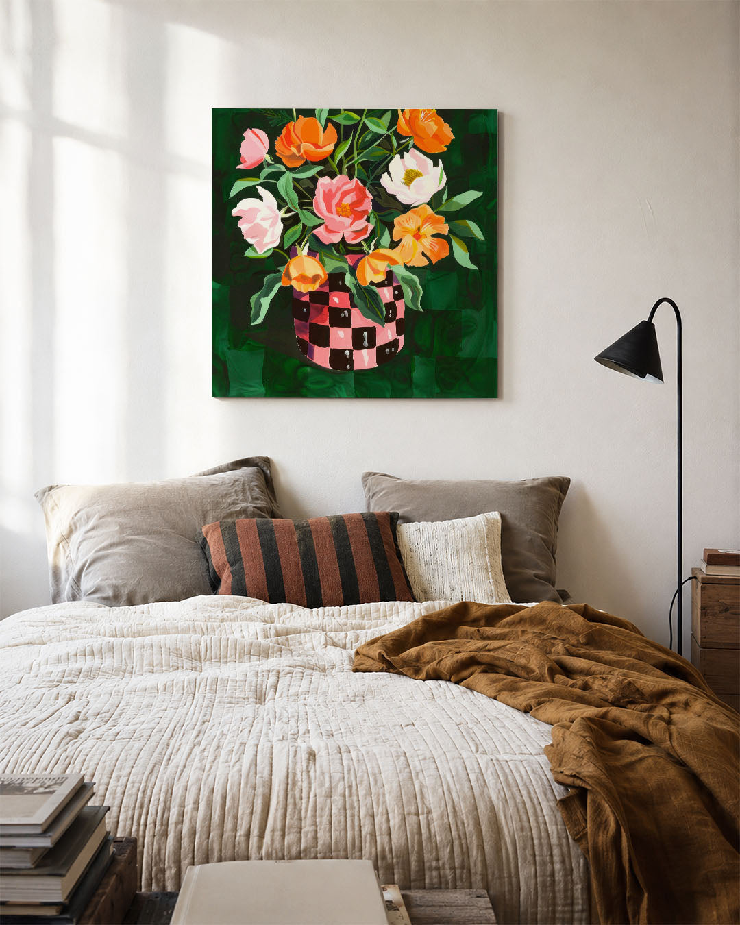 Bloemrijke compositie kunstwerk – detailweergave – dit kunstwerk toont een levendig boeket bloemen in een vaas met een