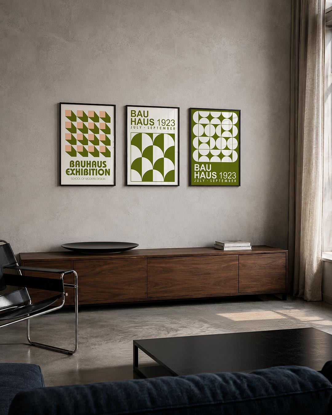 Vorm en schaduw posterset – tweede productweergave – deze posterset in drie delen toont een ritmisch patroon van roze en