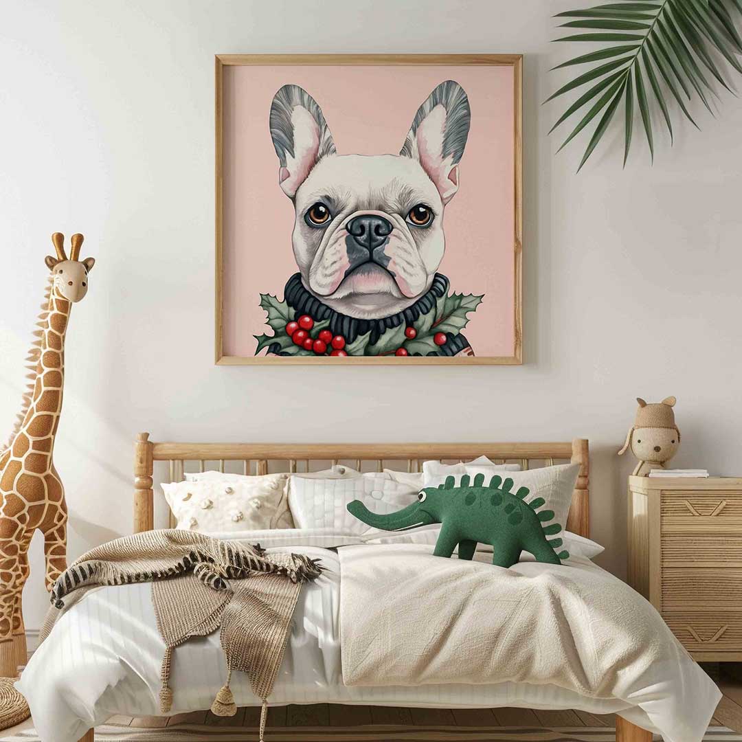 Franse bulldog met hulst – vierkante kinderkamer wanddecoratie van WallArtistic