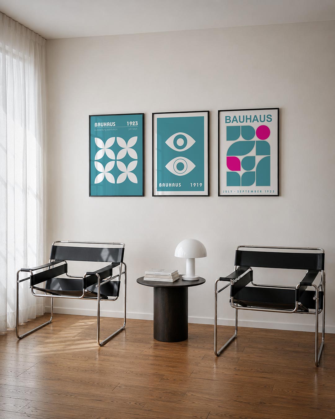 Vorm en kleur posterset – derde productweergave – deze posterset in drie delen toont een ritmisch patroon van witte
