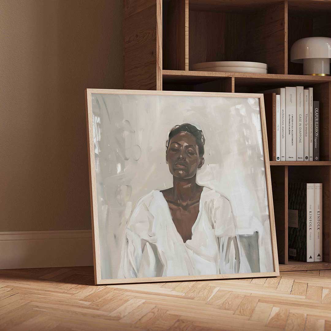 Vrouw in witte kleding – moderne wandkunst als vierkante poster