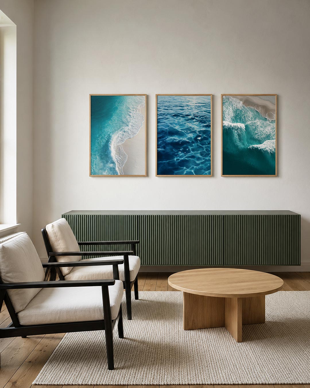 Zee en strand posterset – tweede productweergave – een vloeiende overgang van diepblauw naar helder wit, met