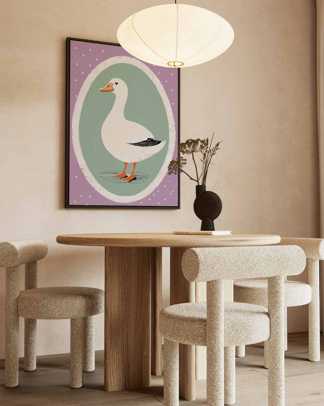Schattige Eendenschilderij op Paars – staand kunstwerk voor modern interieur