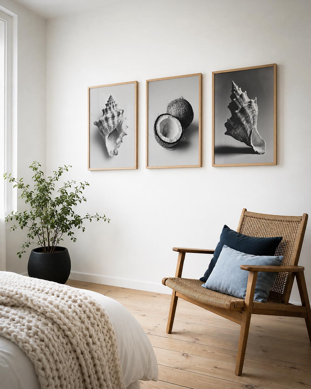 Schelpenstructuur posterset – detailweergave – een gedetailleerde zwart-wit afbeelding van een schelp met