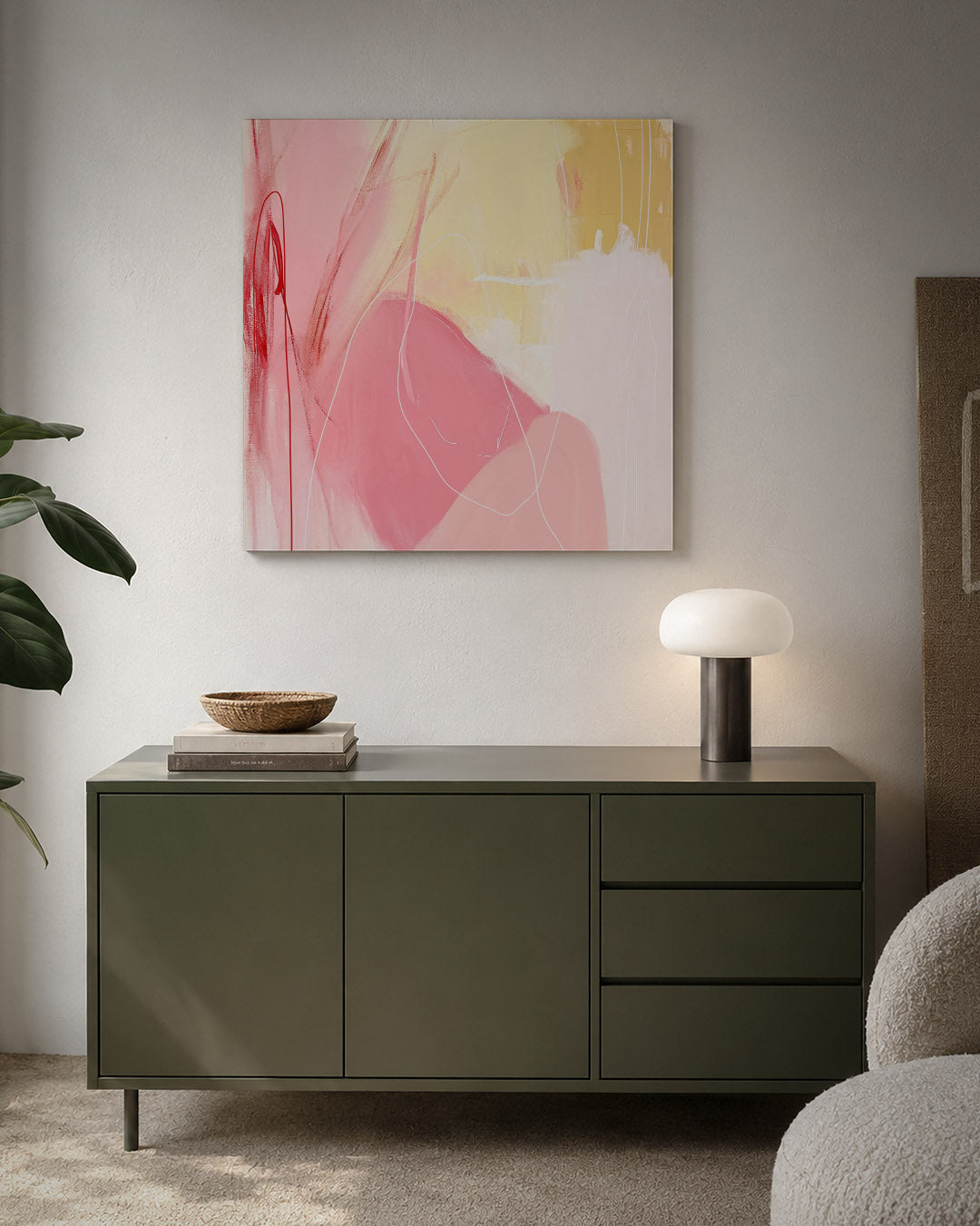 Dynamische kleurencompositie kunstwerk – detailweergave – dit kunstwerk toont een levendige mix van roze en gele tinten met