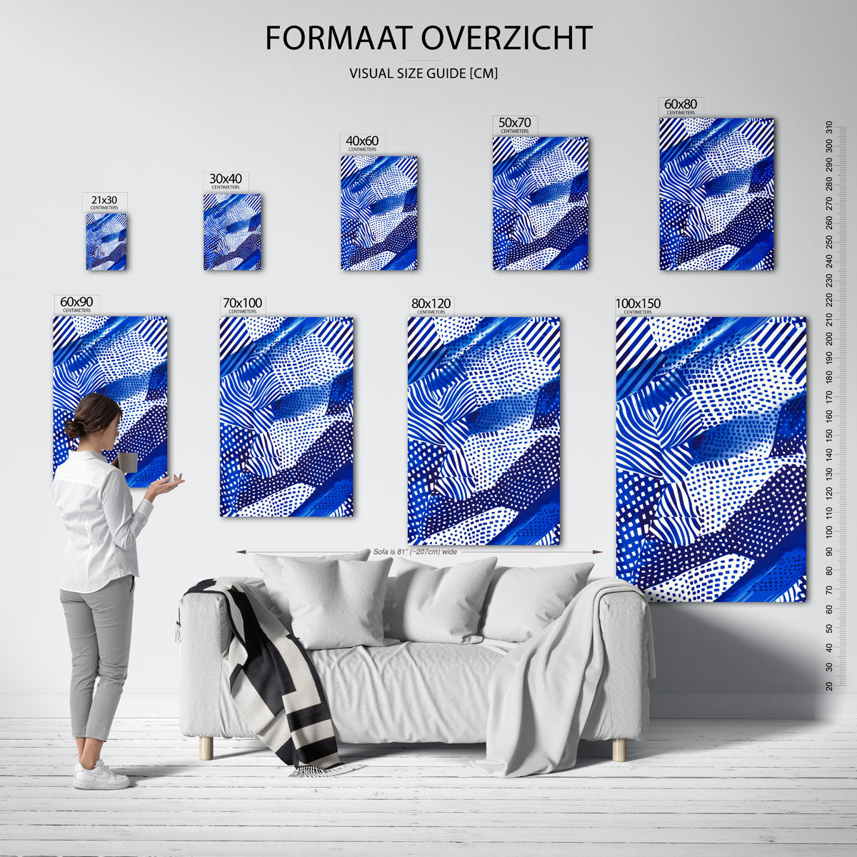 Grafische blauwe patronen – staande muurposter met kleurrijke illustratie