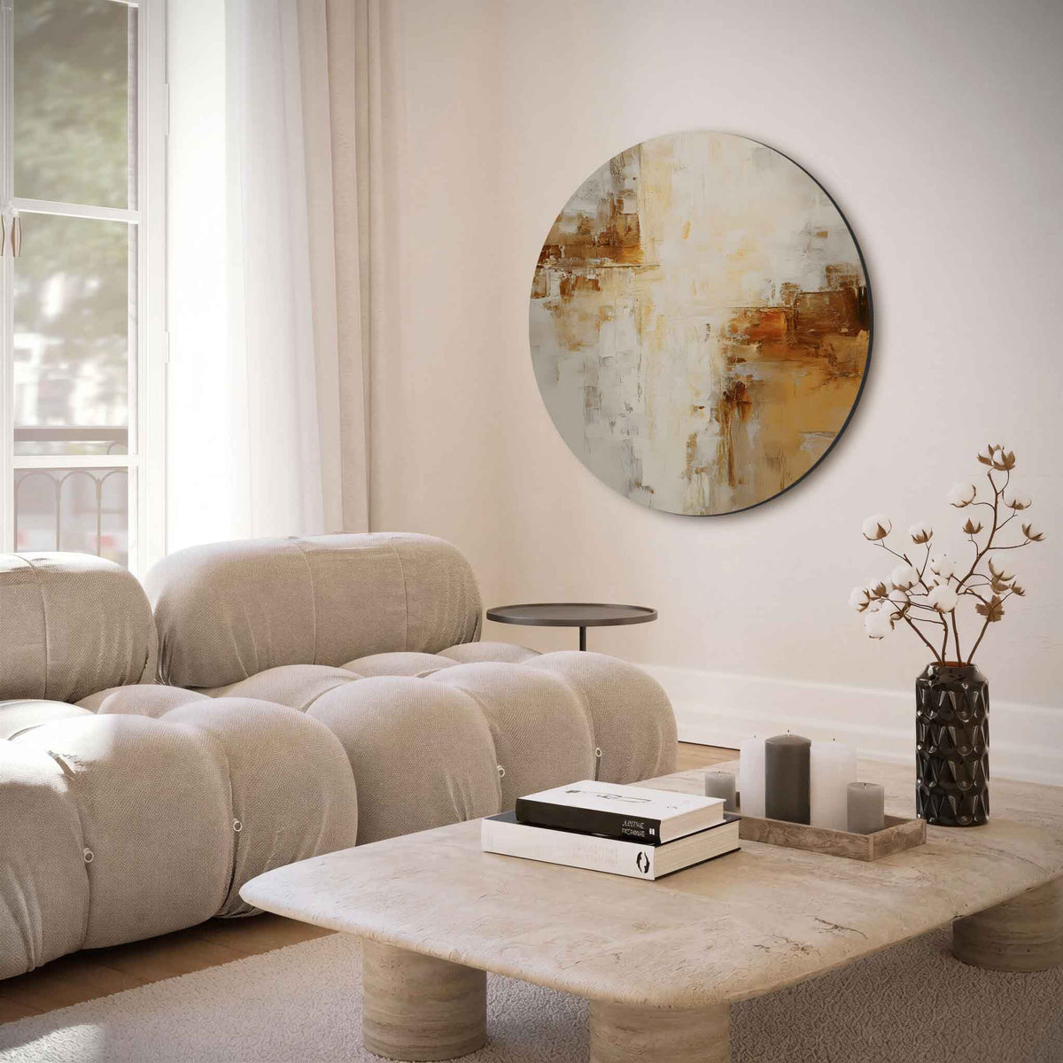 Abstracte beige – moderne abstracte muurcirkel voor aan de muur