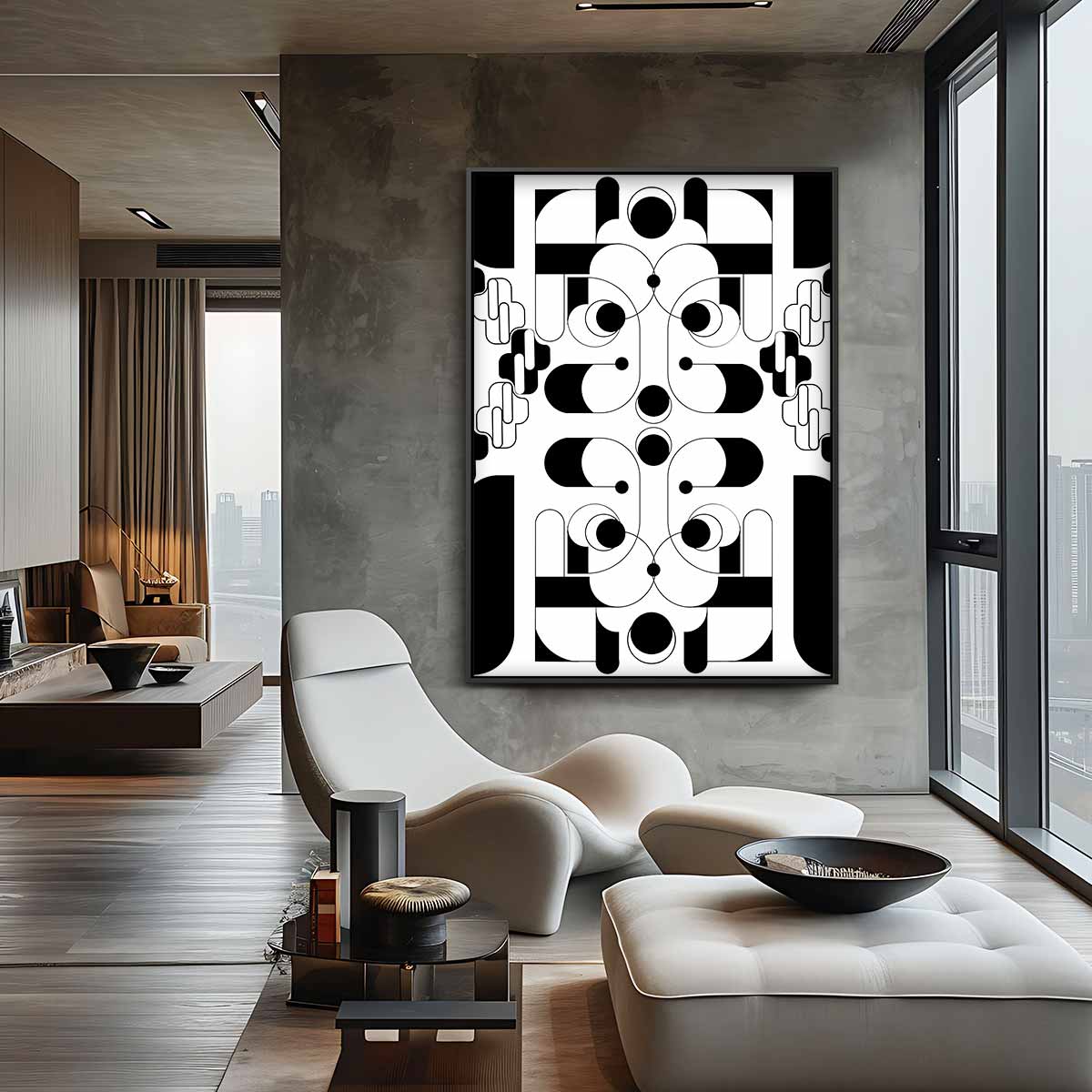 Geometrische Zwart-wit Harmonie – canvas wanddecoratie in portret formaat
