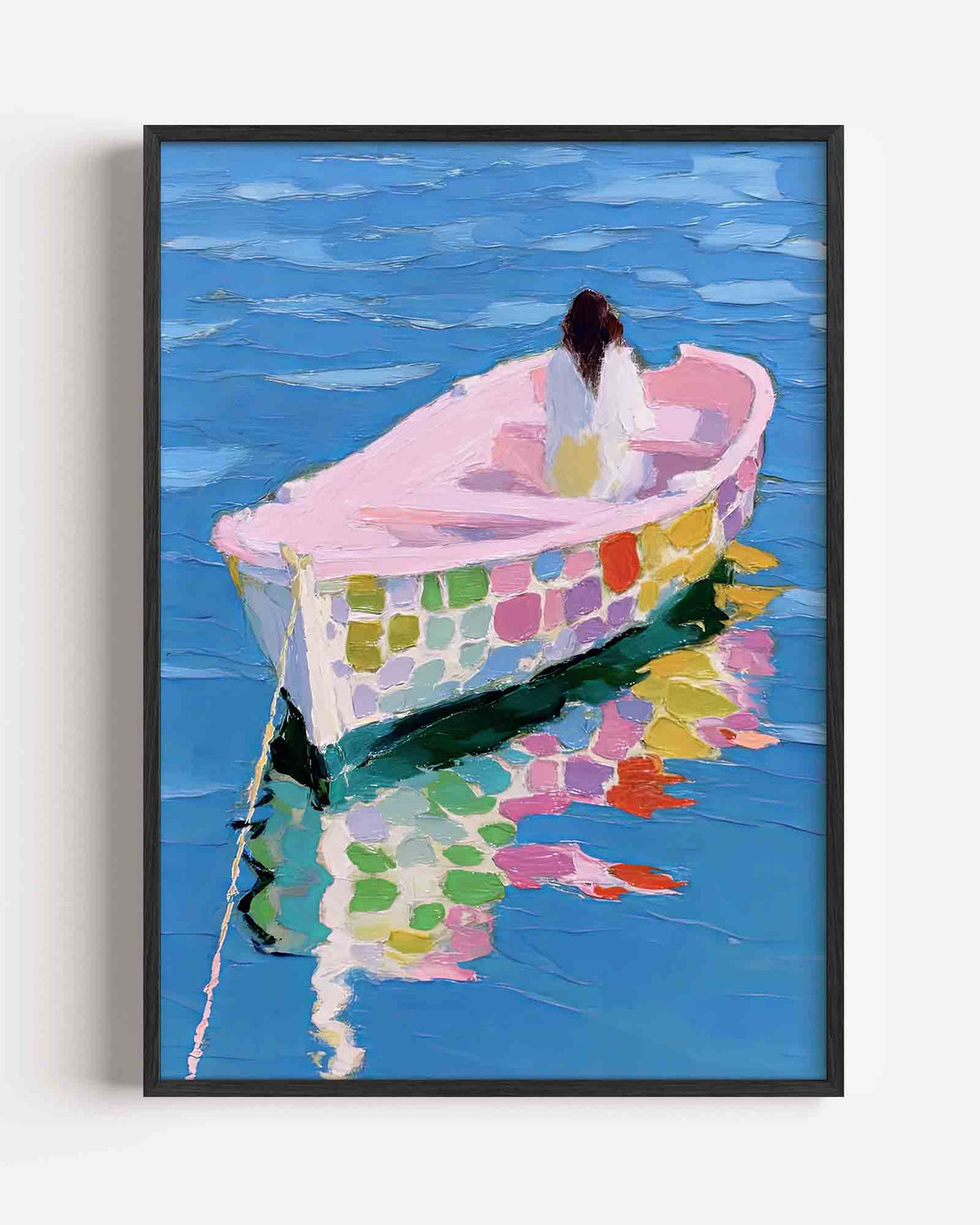Boot op blauwe zee – dromerige illustratie poster als wanddecoratie