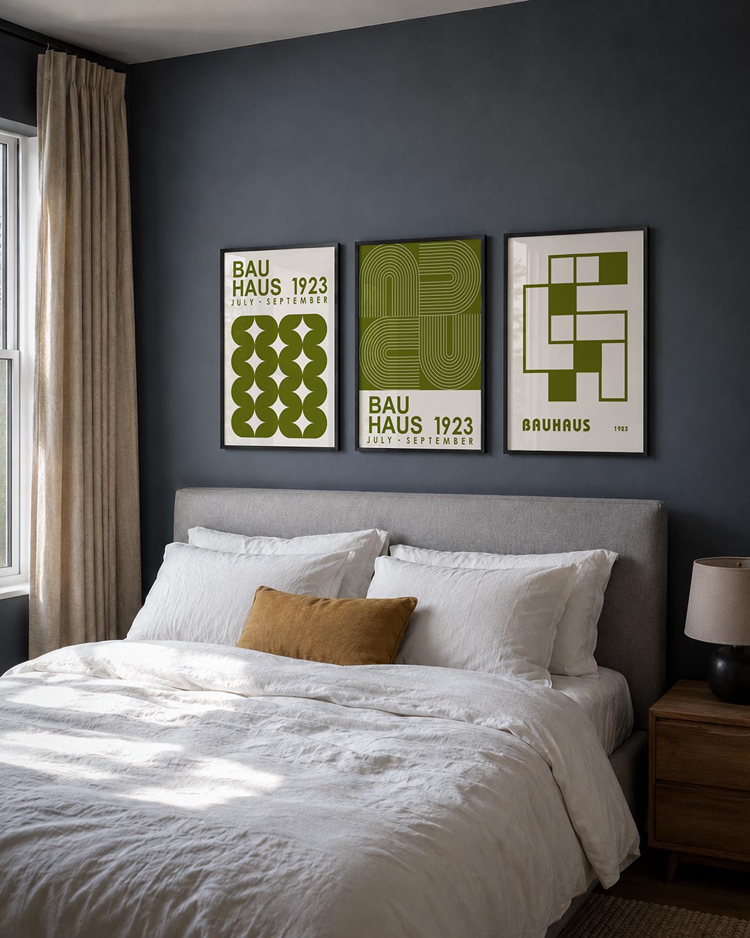 Vorm en ritme posterset – derde productweergave – deze posterset in drie delen toont een speelse ordening van olijfgroene