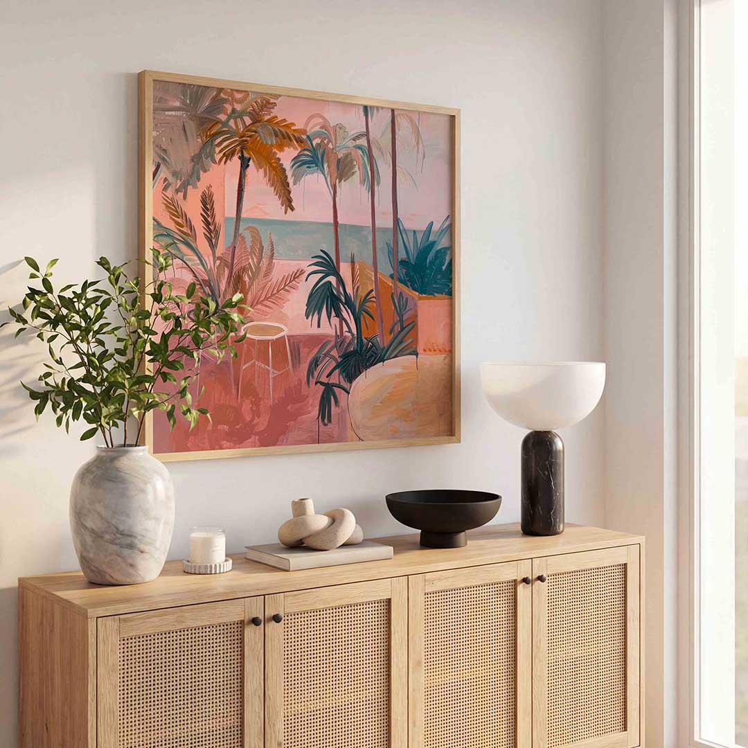 Tropische planten en zeezicht – illustratie poster in vierkant formaat