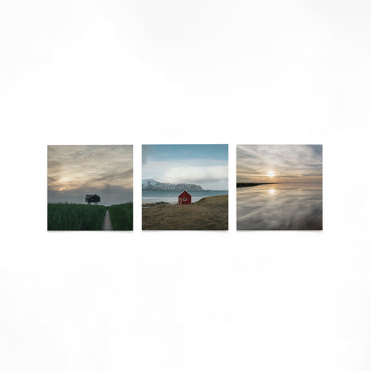 Productfoto van drie vierkante posters met stilte aan de kust – Gerald Emming