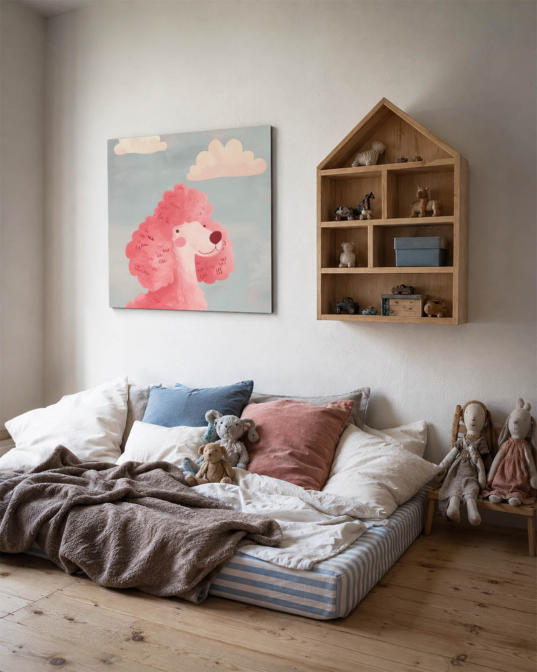 Vrolijke hond kunstwerk – derde productweergave – dit kunstwerk toont een roze hond met krullend haar tegen een blauwe lucht