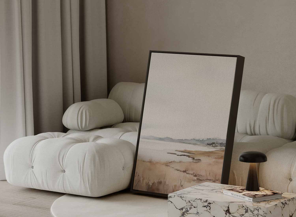 Rustgevende Kustlijn in Aquarel – staande wandkunst voor woonkamer of interieur