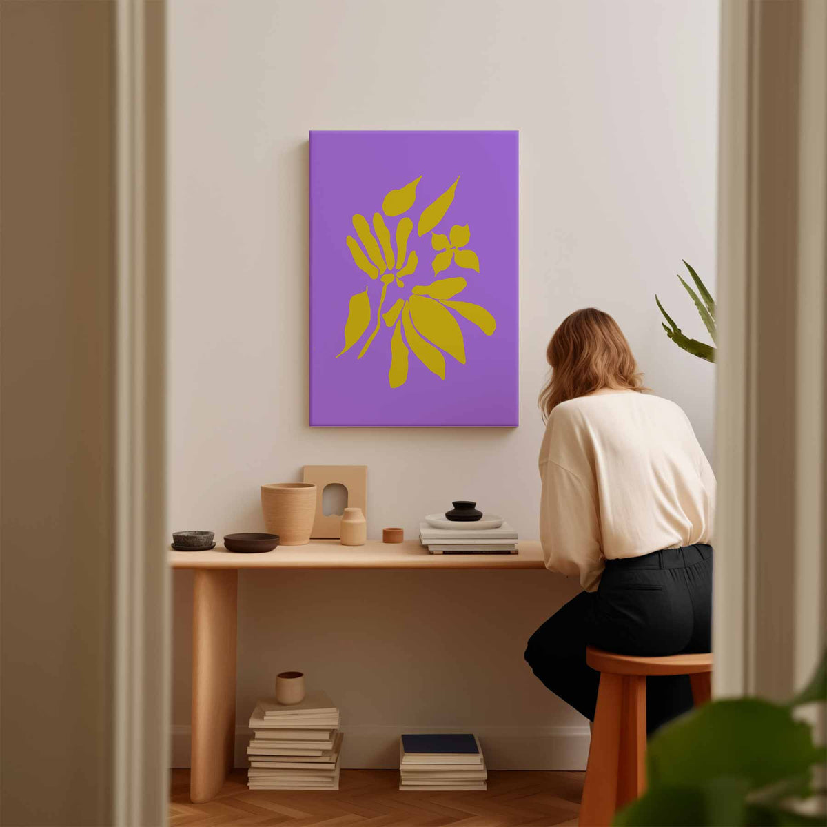 Bloemenenexplosie in Geel en Paars – staand kunstwerk voor modern interieur