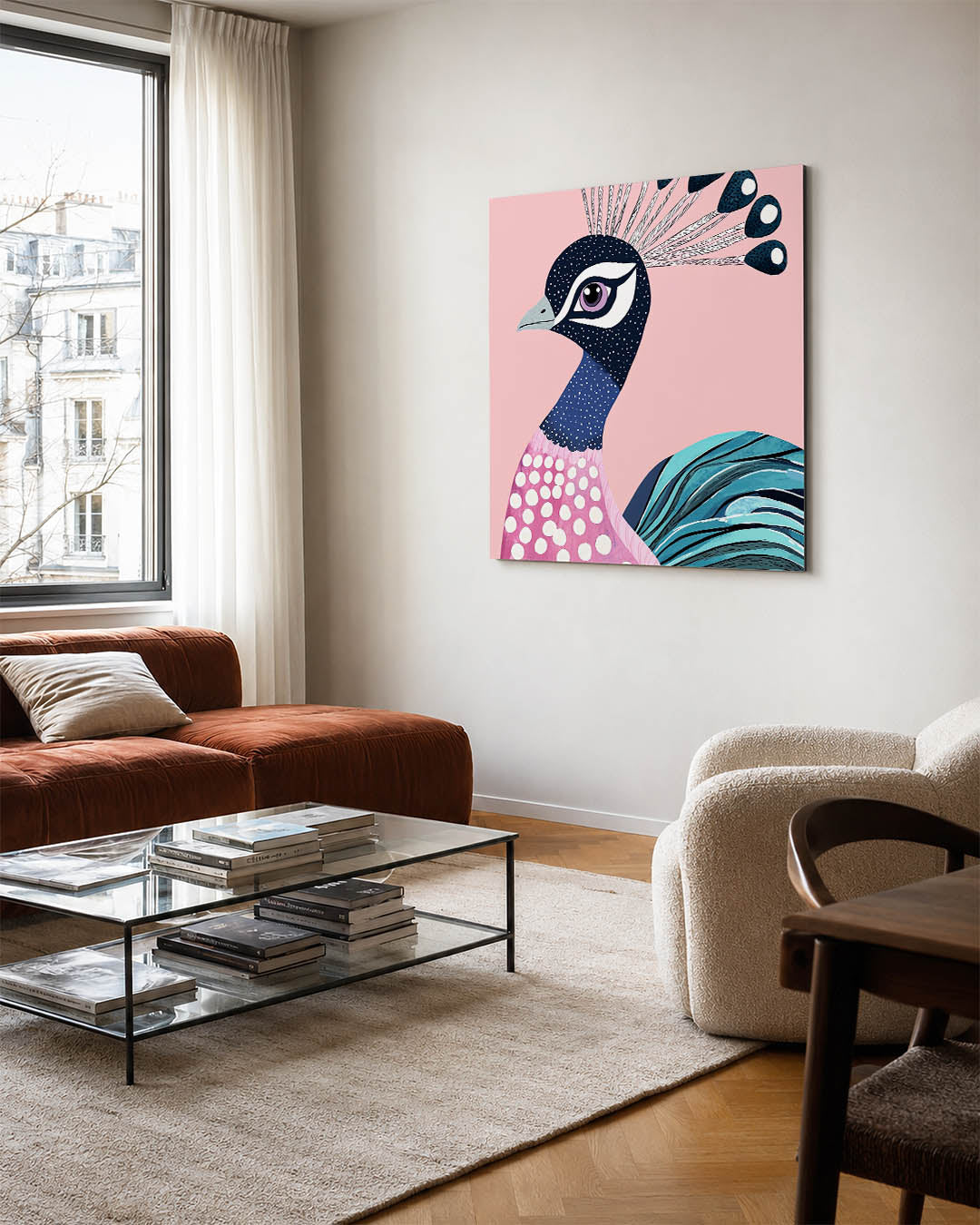 Vrolijke pauw kunstwerk – vierkante wanddecoratie – dit werk toont een kleurrijke pauw met speelse patronen en levendige