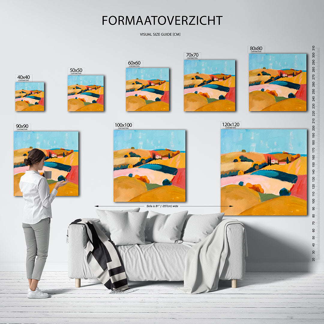 Kleurrijk landschap kunstwerk – dit kunstwerk toont een levendig landschap met glooiende heuvels en een heldere lucht. De