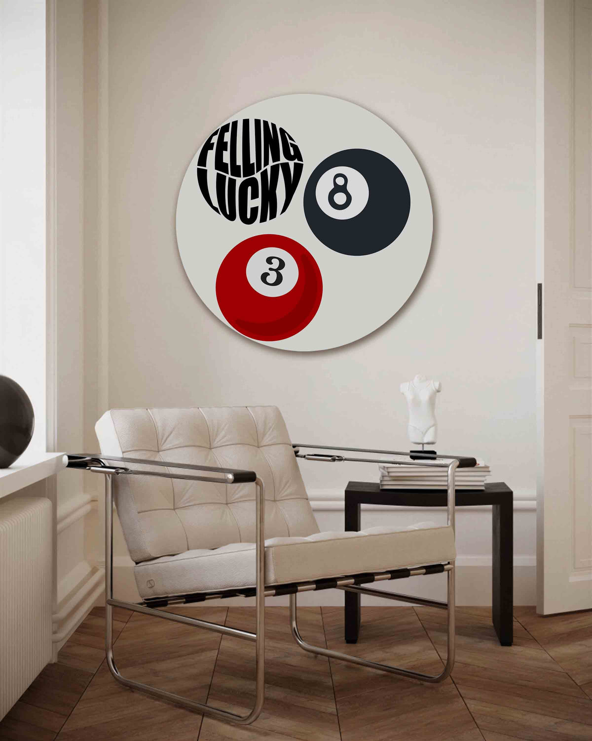 Biljartballen en tekst – Pop Art muurcirkel als ronde wanddecoratie