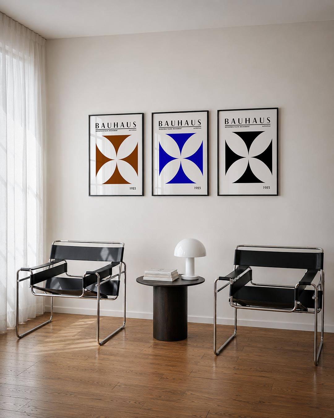 Vorm en balans posterset – derde productweergave – deze posterset in drie delen toont een harmonieus spel van bruine en witte