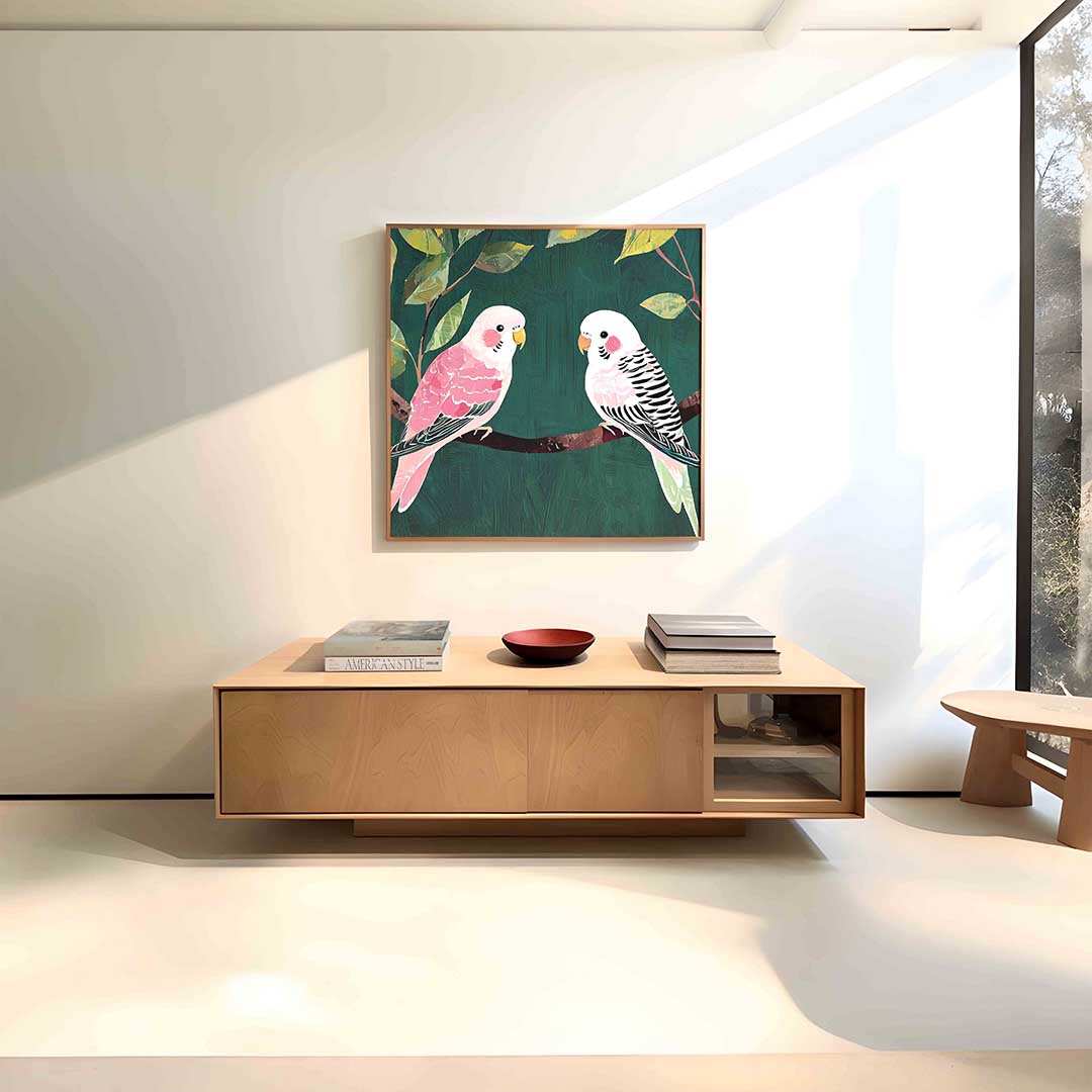 Twee parkieten – vierkante dieren wanddecoratie van WallArtistic