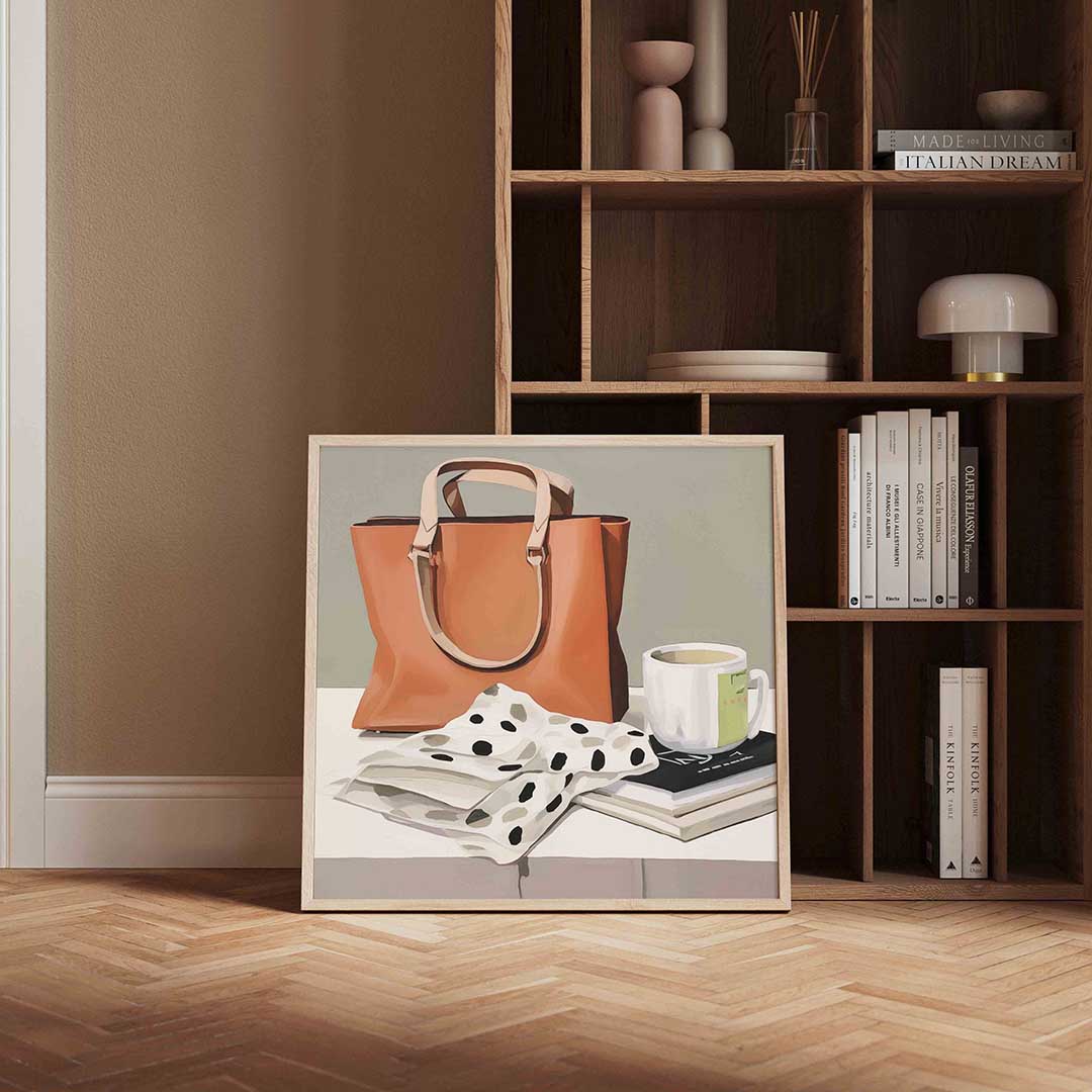 Tas en mok op tafel – vierkante wanddecoratie met kleur en vorm van WallArtistic