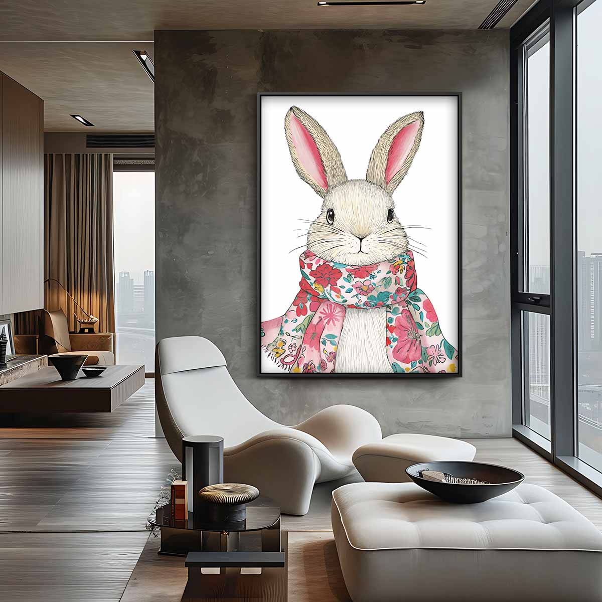 Schattig Konijn met Bloemensjaal – canvas wanddecoratie in portret formaat