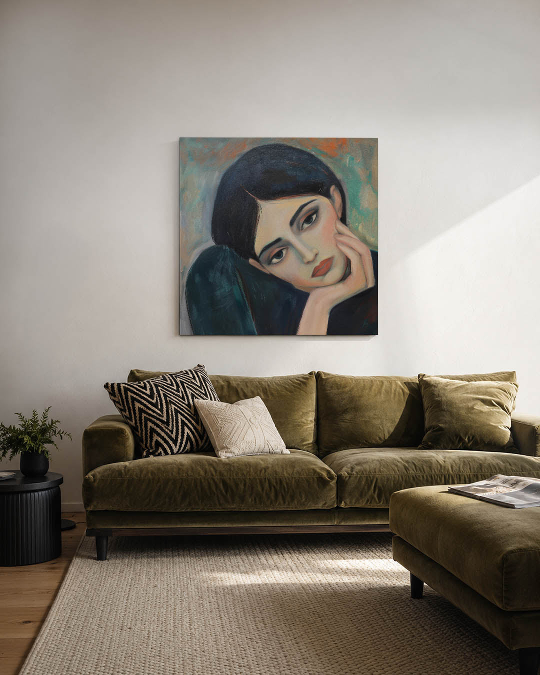 Dromerige blik kunstwerk – derde productweergave – dit kunstwerk toont een vrouw met een dromerige blik. De zachte