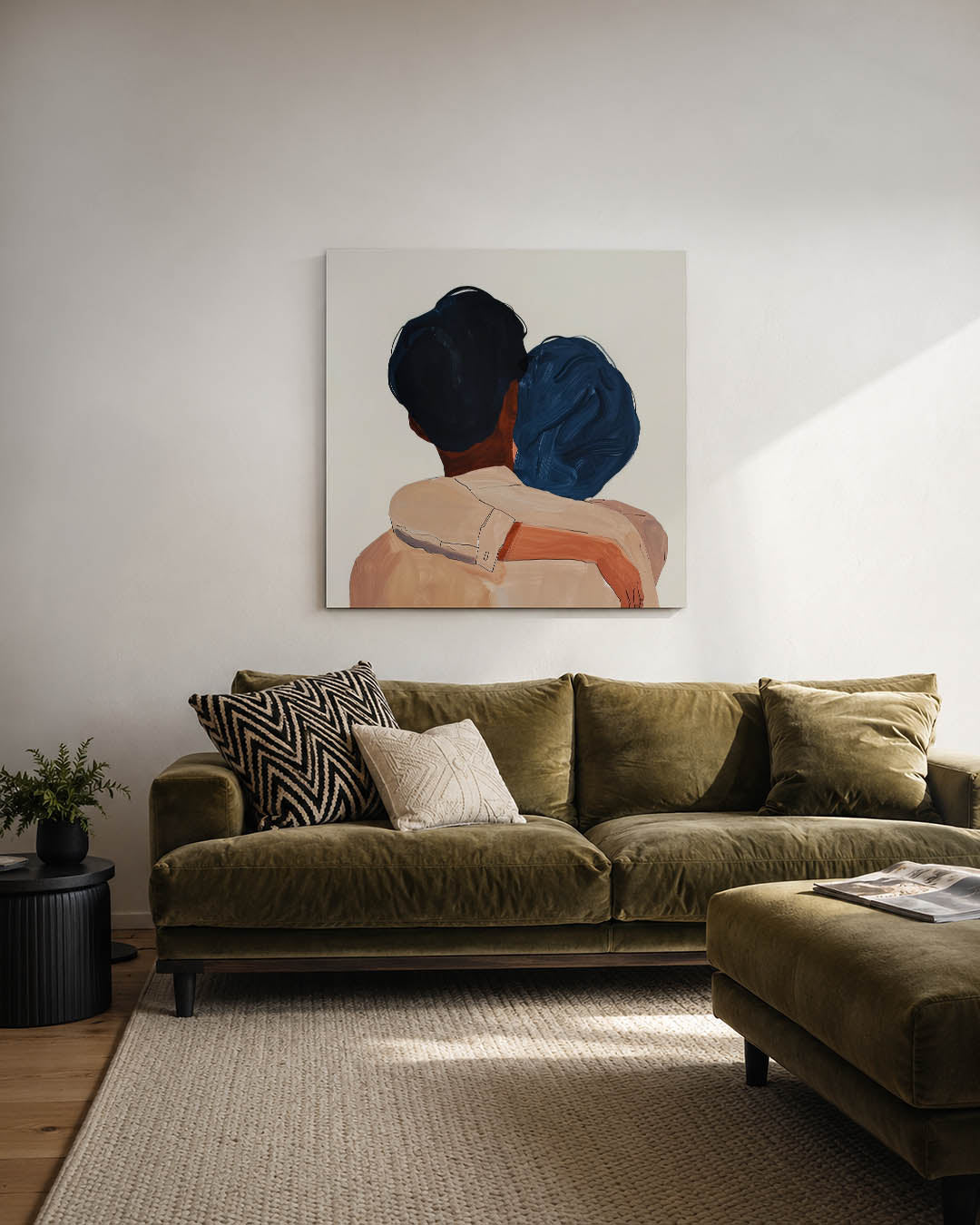 Intieme omhelzing kunstwerk – derde productweergave – dit werk toont een intieme omhelzing van twee figuren, met vloeiende