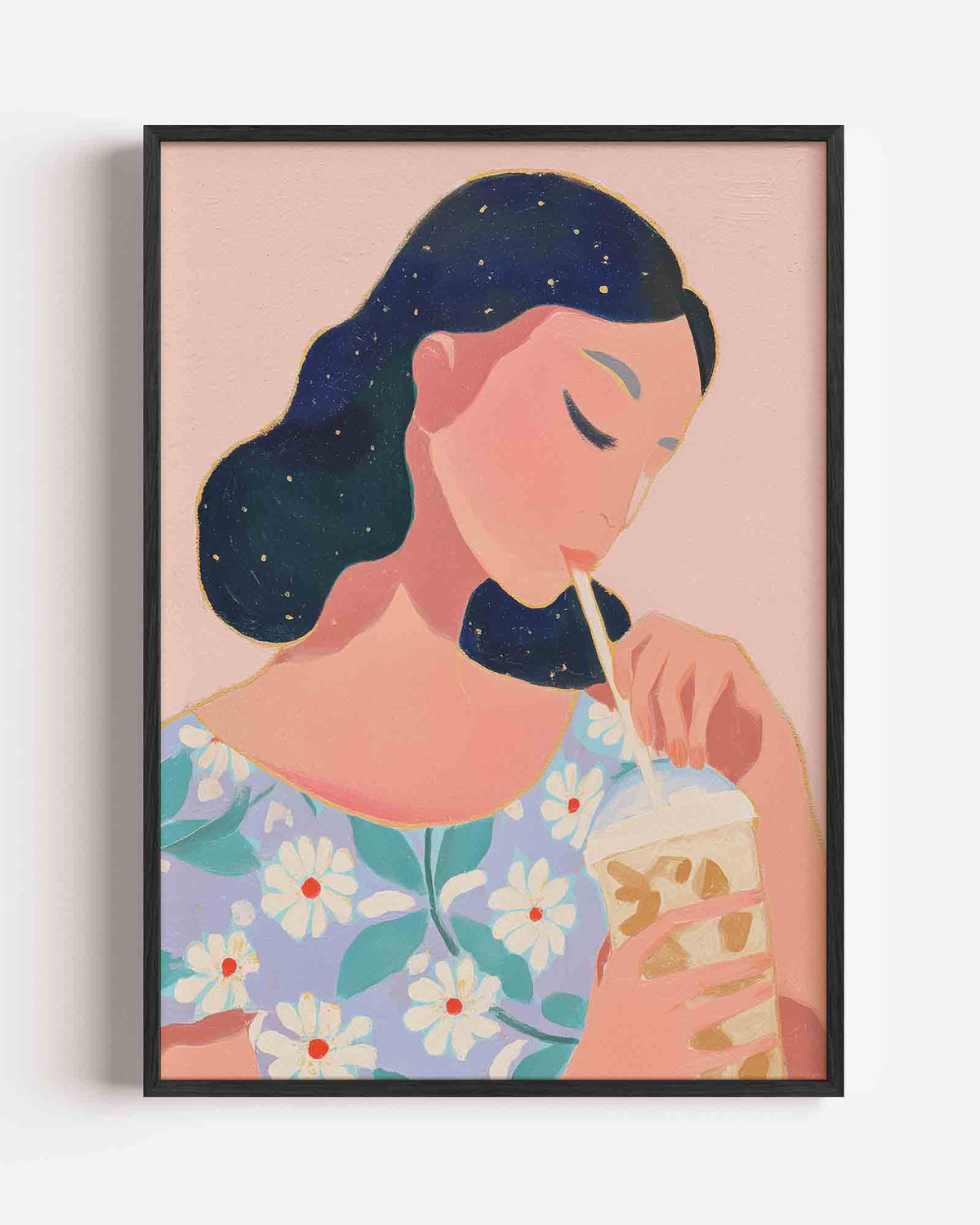 Vrouw met drankje – pastel portret poster als wanddecoratie