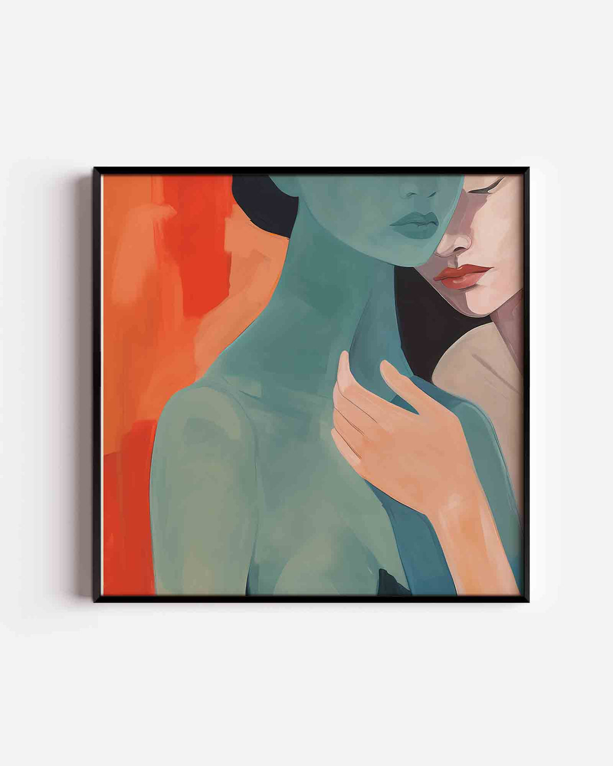 Twee figuren met oranje achtergrond – vrouwelijk portret als vierkante poster