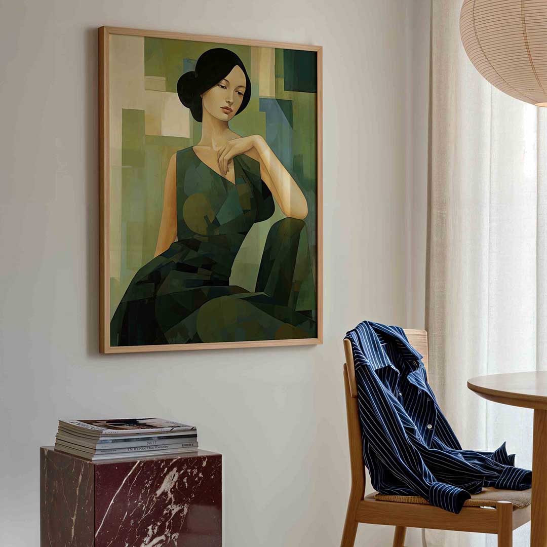 Vrouw in groene tinten – kleurrijke illustratie poster in staand formaat
