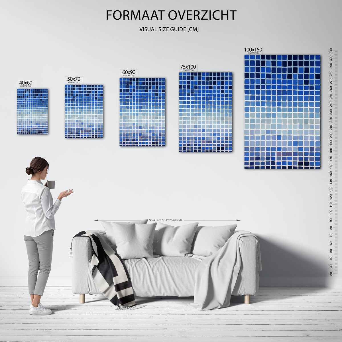 Blauwe rasterpatronen – staand wanddecoratie kunstwerk