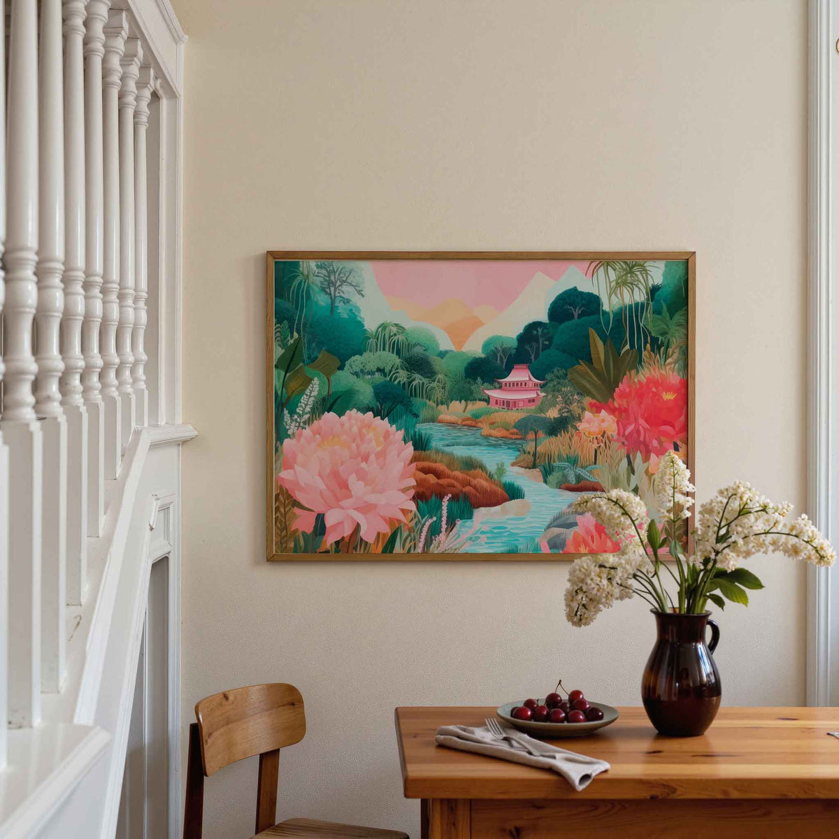 Serene landschap met tempel – moderne poster in liggend formaat