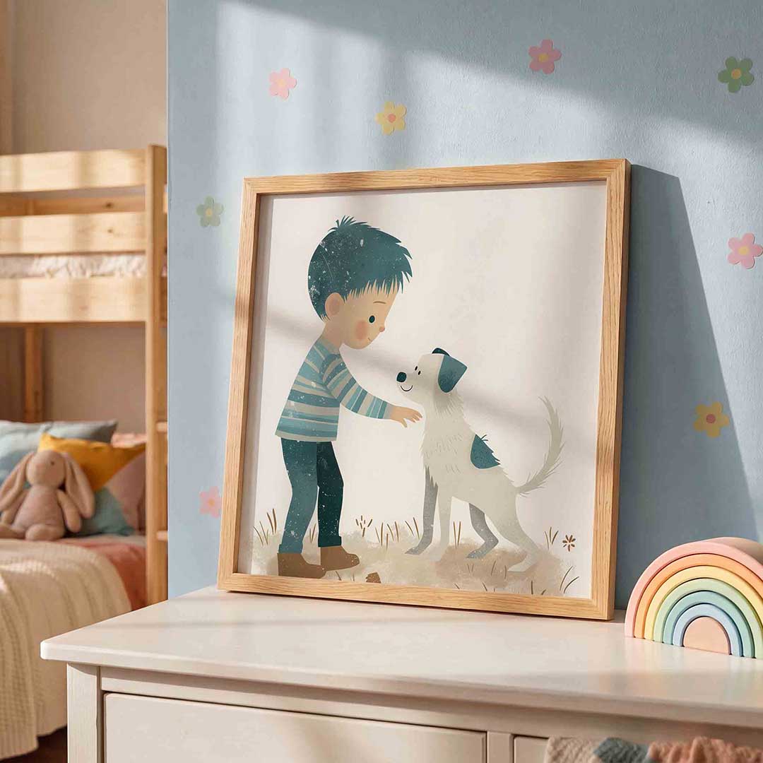 Jongen met hond – speelse wandkunst als vierkante kinderposter
