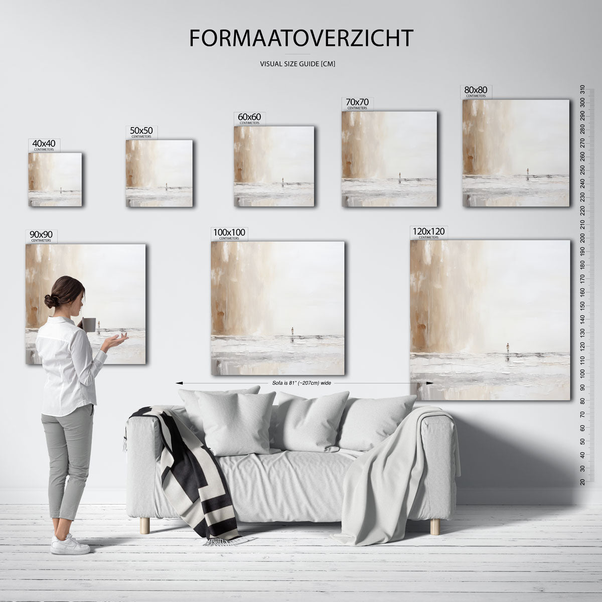 Figuur in beige landschap – vierkante muurposter met abstracte vormen