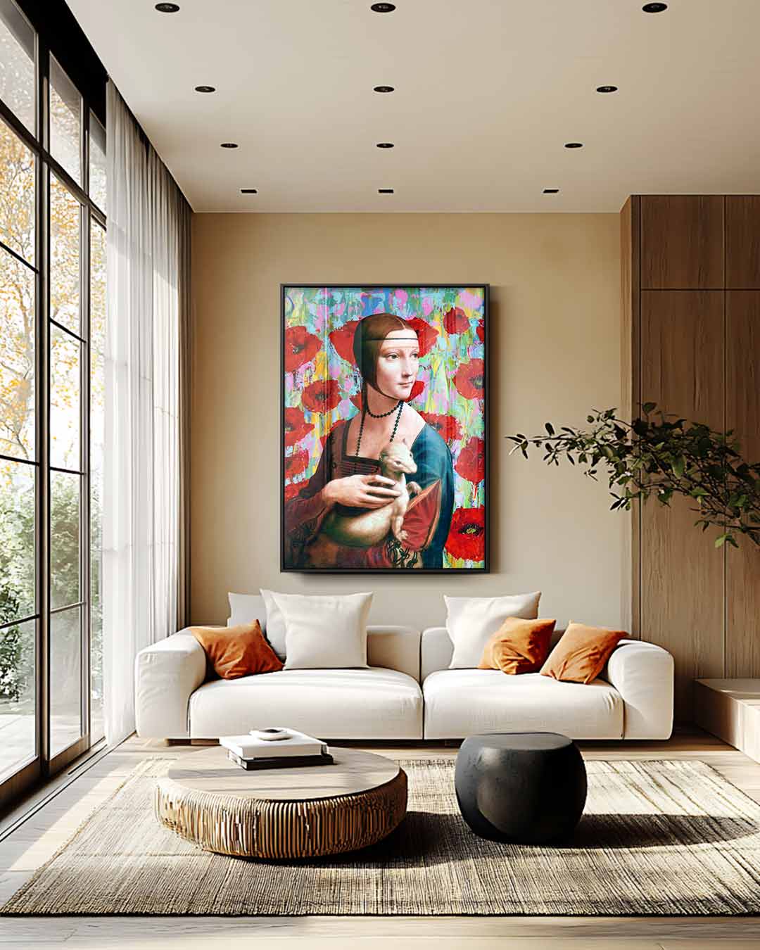 Vrouw met Wezel en Rode Bloemen – staand kunstwerk voor modern interieur